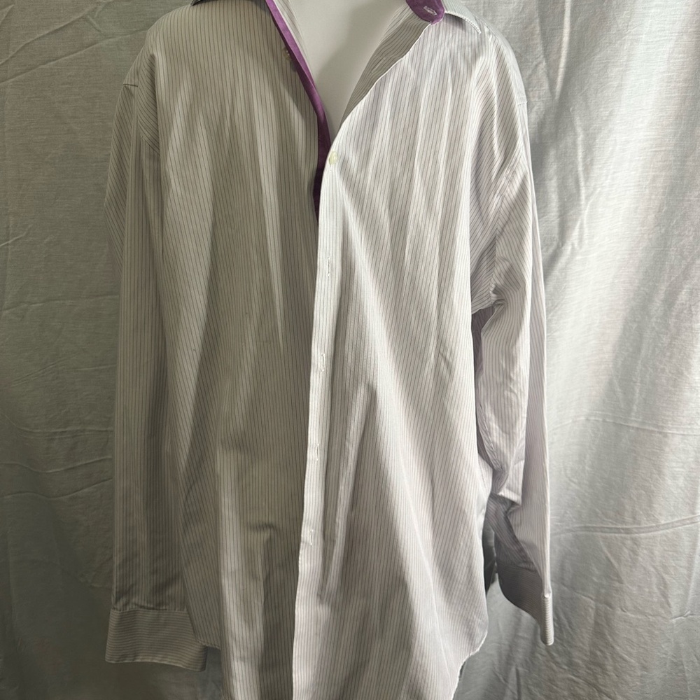 Calvin Klein White and Purple Striped Dress Shirt Slim Fit Neck 17  34-35